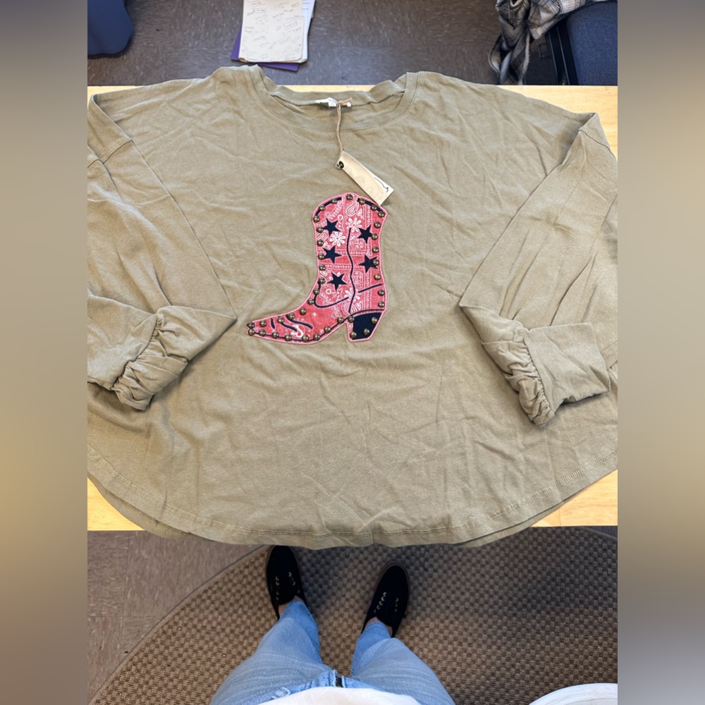 easel Olive Green Long Sleeve Tee with Pink Cowboy Boot Patch